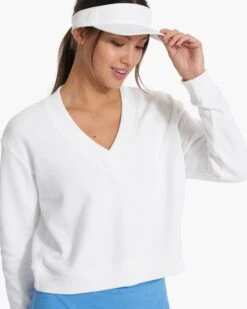 Sedona V Neck | White -Vuori Clothing Store VW292WHT SP23 W ECOMM FLEECE DETAIL 4008 1x1 9ccbdaf0 de3f 4c72 b1af 582676c4f8e7